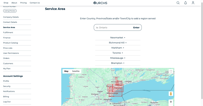 Vendor Defined Service Area Screenshot