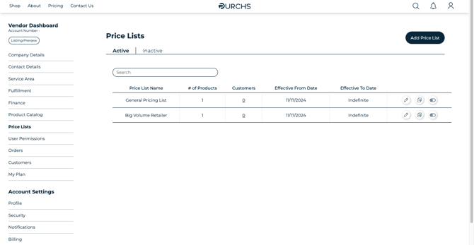 Vendors can set up multiple price lists and assign to customers